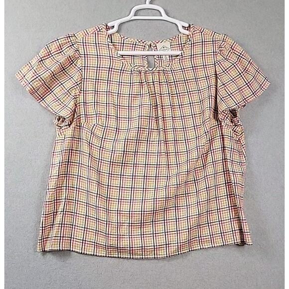 St John's Bay Cotton Blend Multicolor Check SS Peasant Blouse Women's Plus 0X - Picture 1 of 11